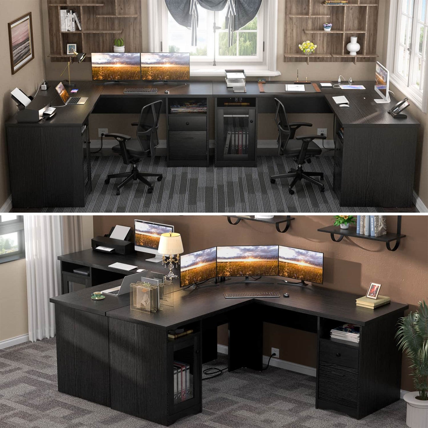 L Shaped Desk with Charging Station, Corner Computer Desk with Hutch
