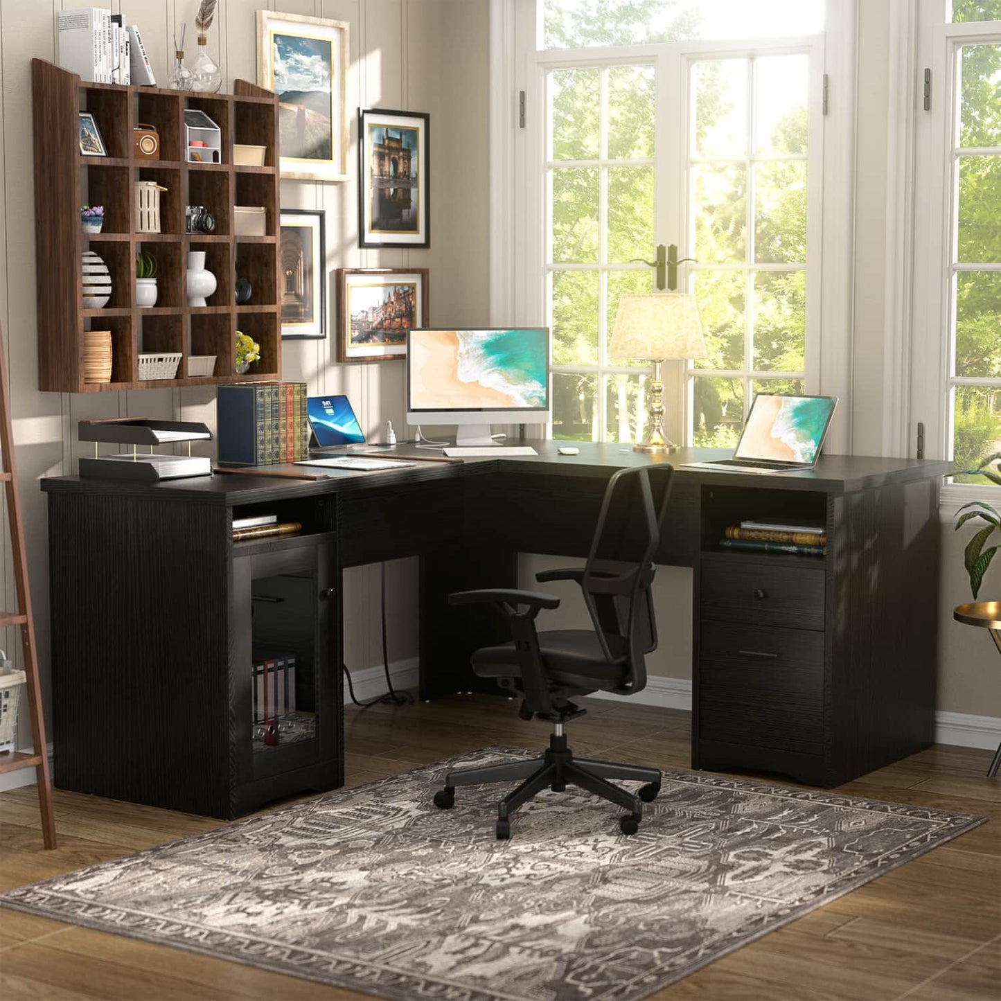 L Shaped Desk with Charging Station, Corner Computer Desk with Hutch