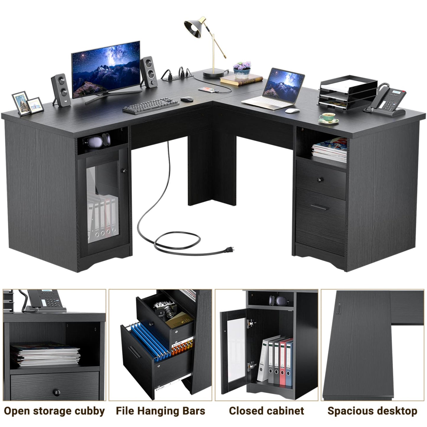 L Shaped Desk with Charging Station, Corner Computer Desk with Hutch