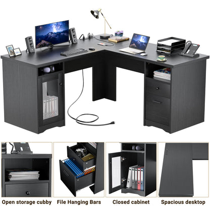 L Shaped Desk with Charging Station, Corner Computer Desk with Hutch