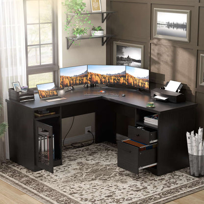 L Shaped Desk with Charging Station, Corner Computer Desk with Hutch