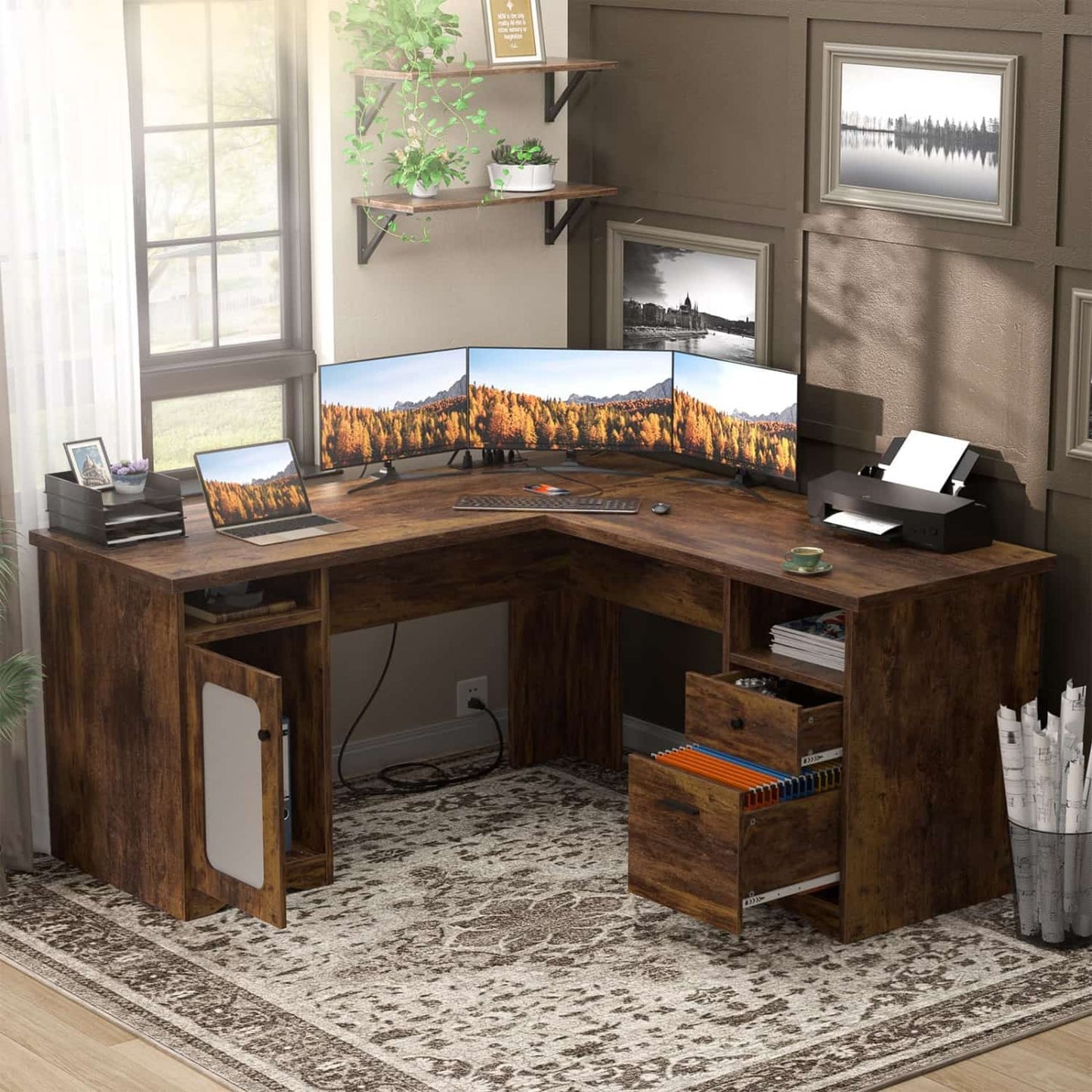 L Shaped Desk with Charging Station, Corner Computer Desk with Hutch
