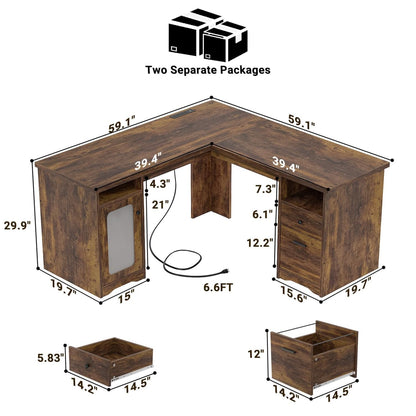 L Shaped Desk with Charging Station, Corner Computer Desk with Hutch