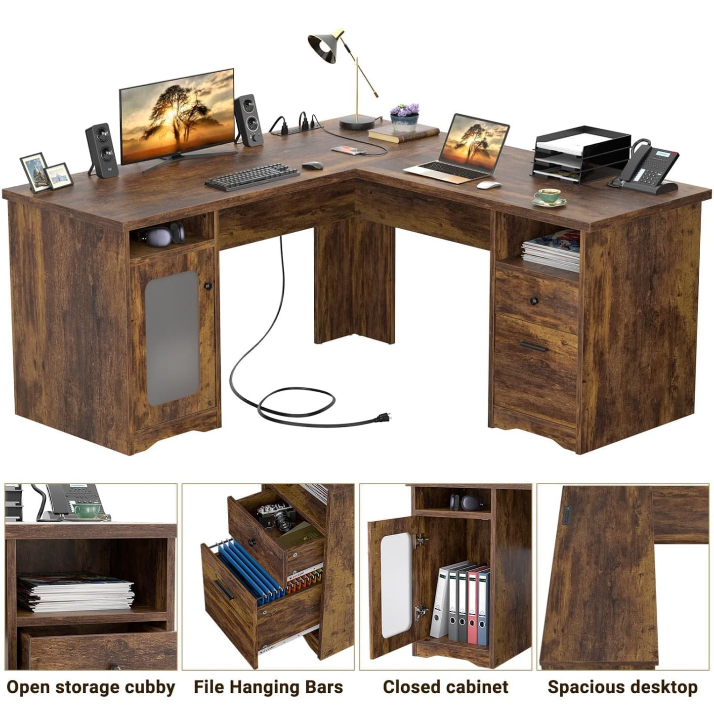 L Shaped Desk with Charging Station, Corner Computer Desk with Hutch