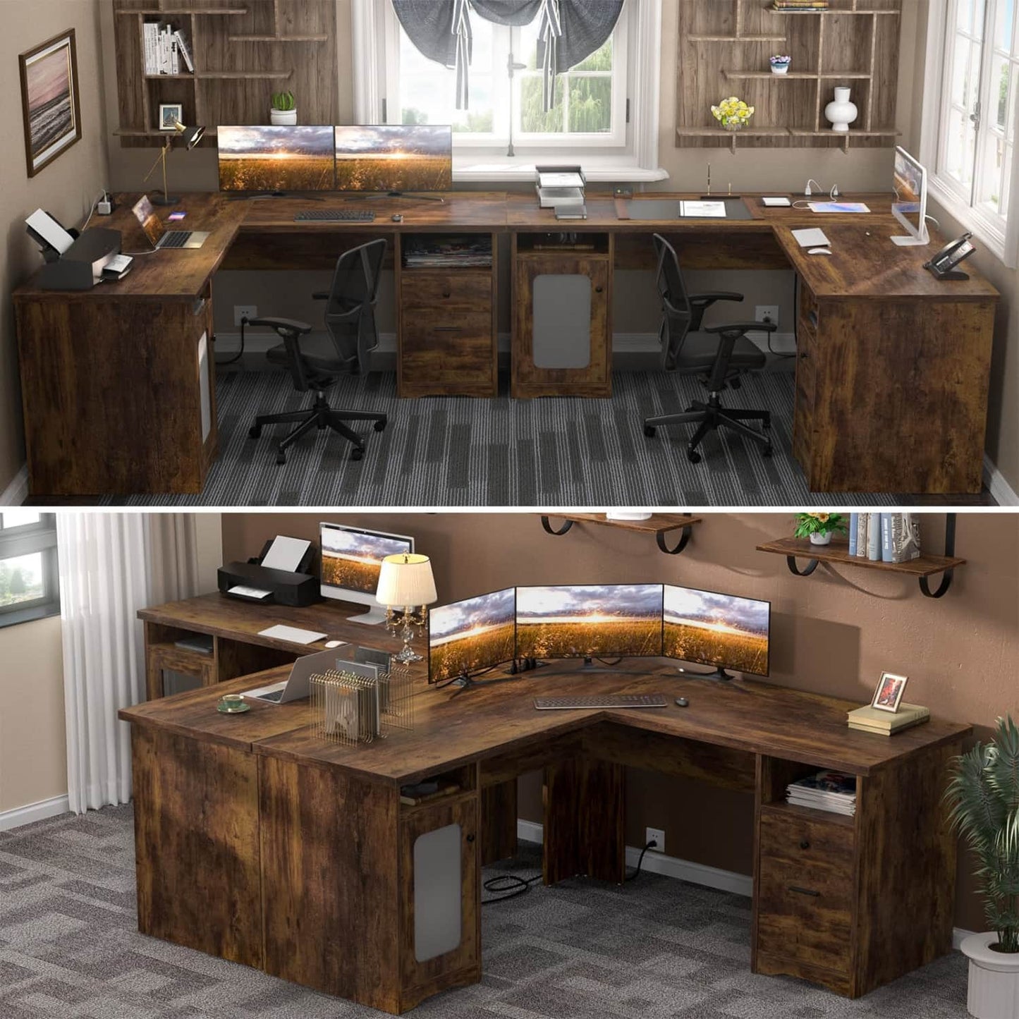 L Shaped Desk with Charging Station, Corner Computer Desk with Hutch
