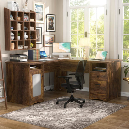 L Shaped Desk with Charging Station, Corner Computer Desk with Hutch