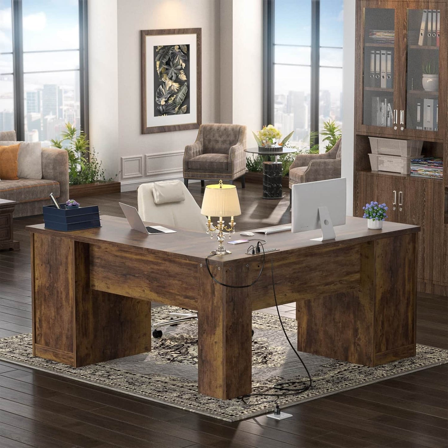 L Shaped Desk with Charging Station, Corner Computer Desk with Hutch
