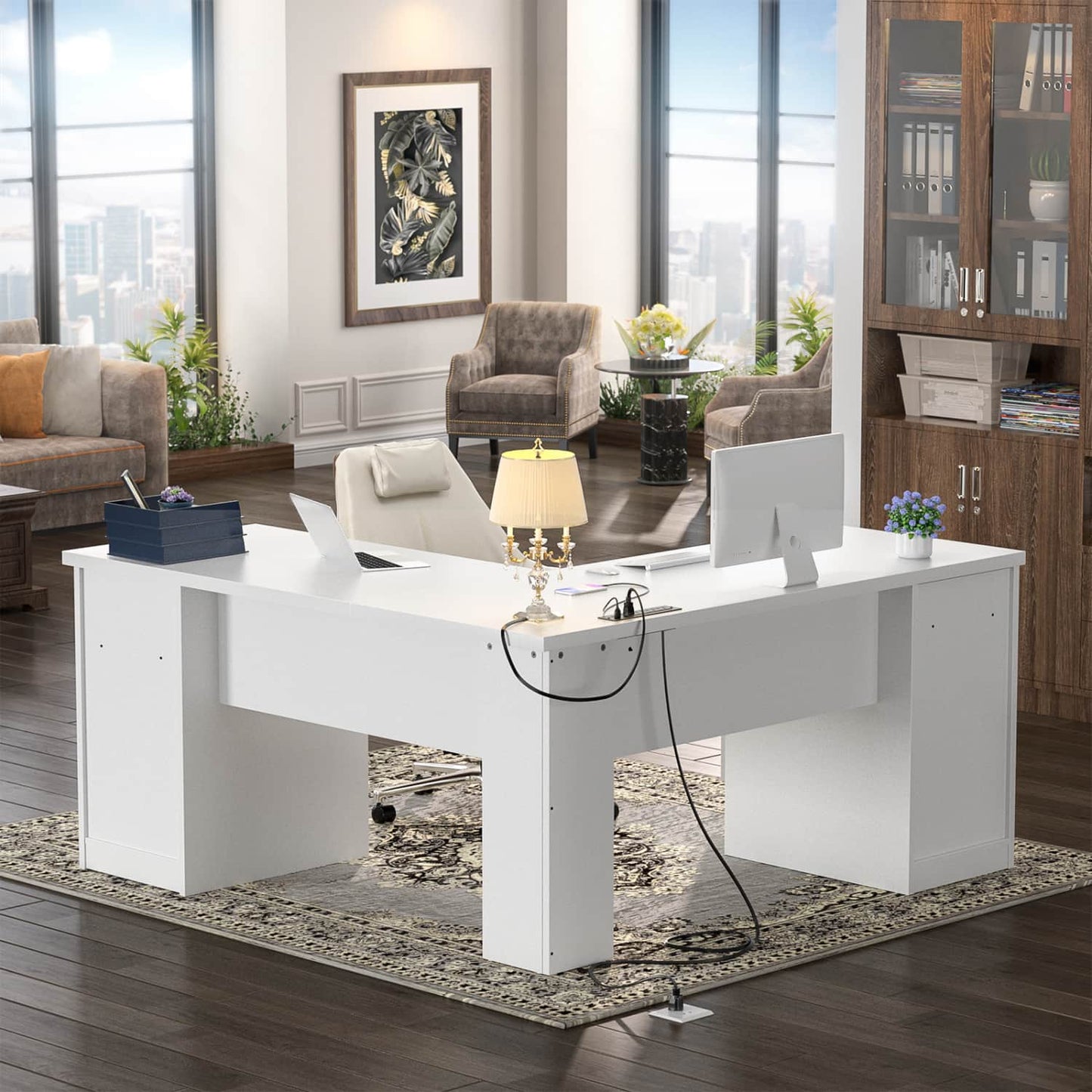 L Shaped Desk with Charging Station, Corner Computer Desk with Hutch