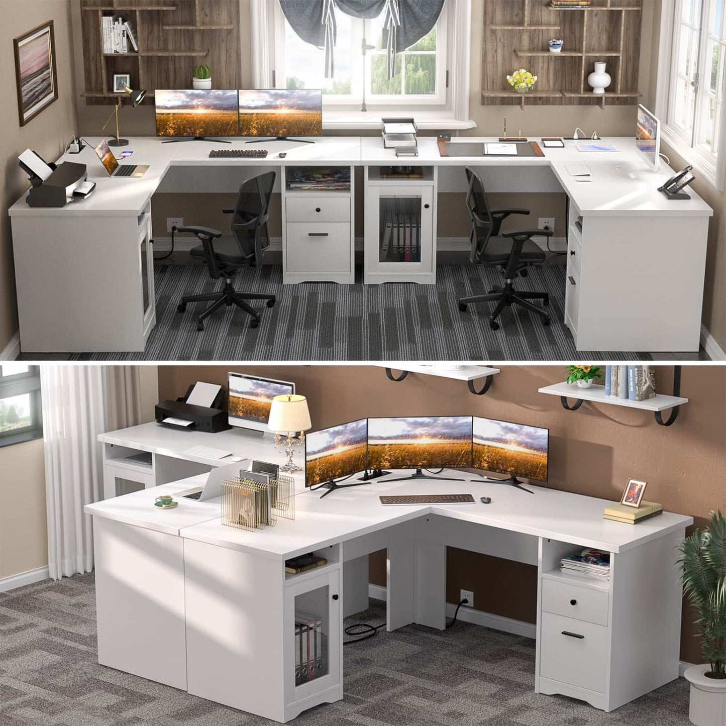 L Shaped Desk with Charging Station, Corner Computer Desk with Hutch
