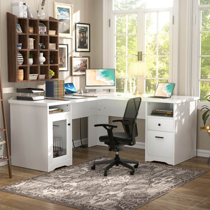 L Shaped Desk with Charging Station, Corner Computer Desk with Hutch