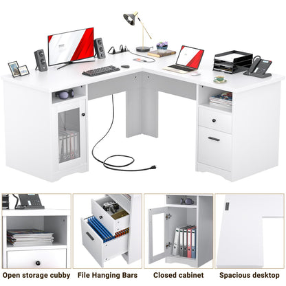 L Shaped Desk with Charging Station, Corner Computer Desk with Hutch