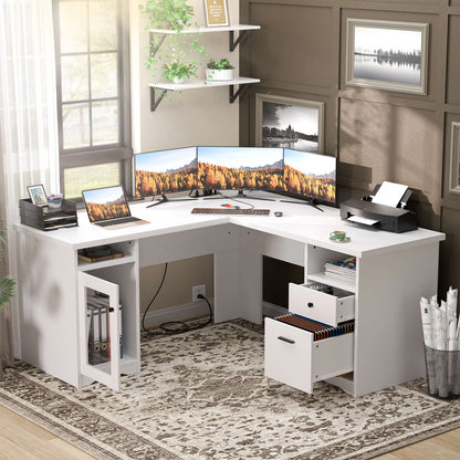 L Shaped Desk with Charging Station, Corner Computer Desk with Hutch