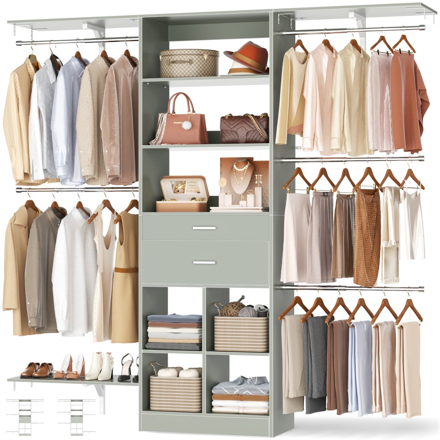 5FT Closet Organizer with Wood Drawers and Cubbies, Small Closet System with 5 Hanging Rods