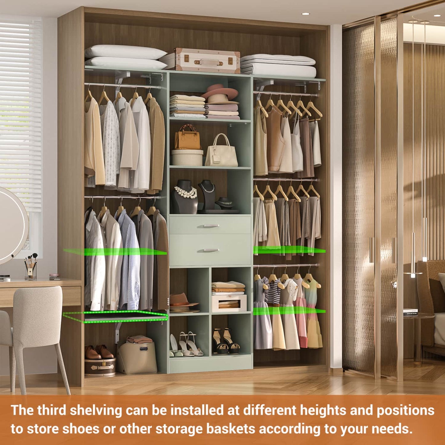 5FT Closet Organizer with Wood Drawers and Cubbies, Small Closet System with 5 Hanging Rods