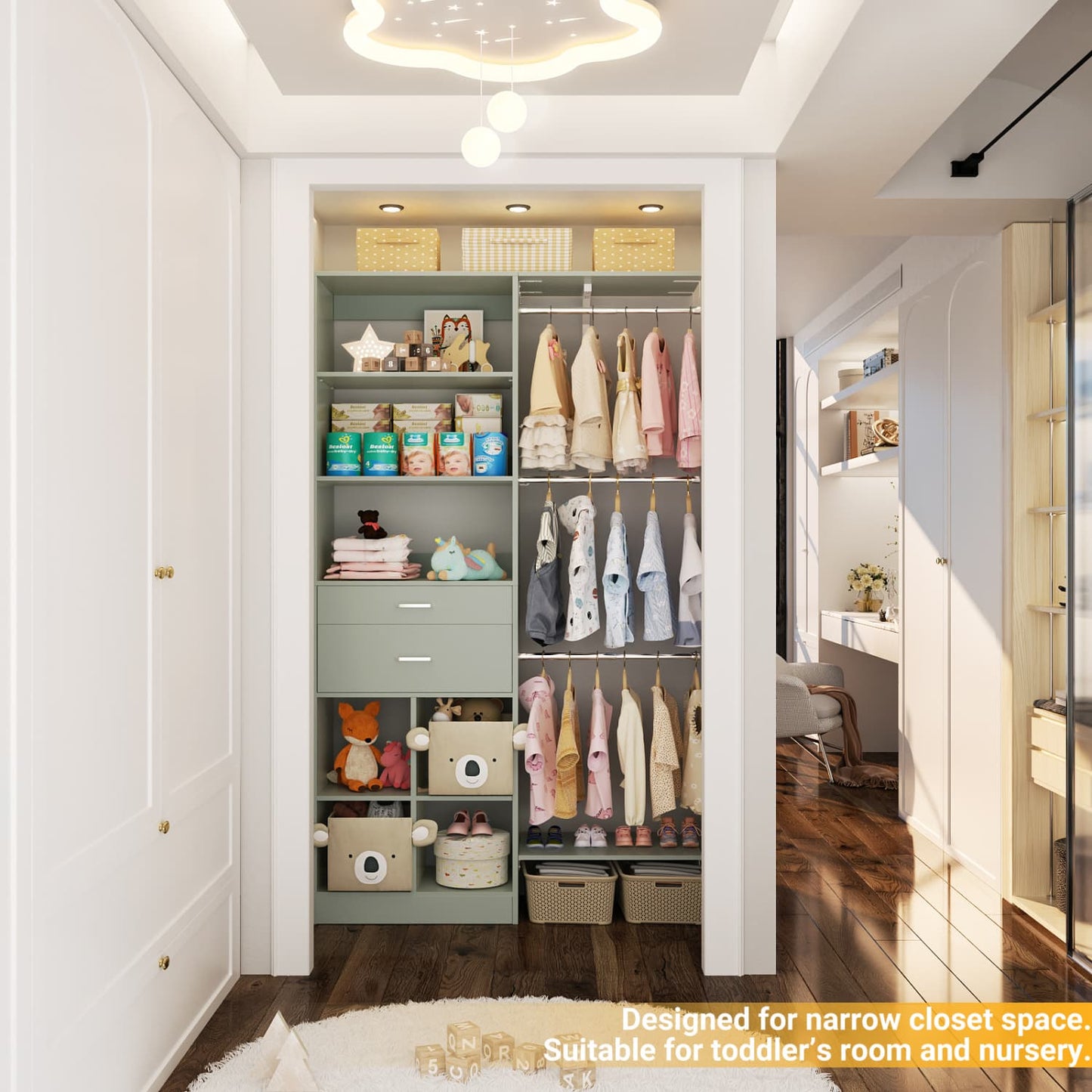 5FT Closet Organizer with Wood Drawers and Cubbies, Small Closet System with 5 Hanging Rods