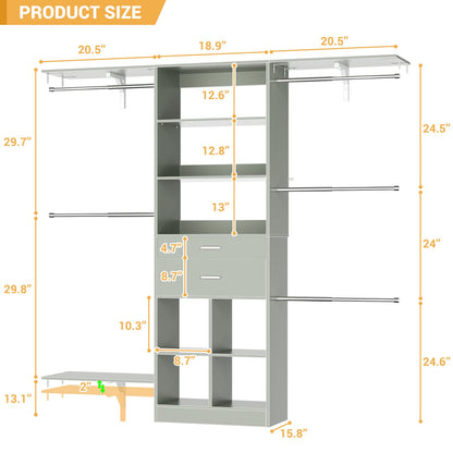 5FT Closet Organizer with Wood Drawers and Cubbies, Small Closet System with 5 Hanging Rods