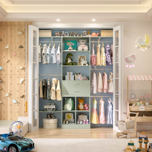 5FT Closet Organizer with Wood Drawers and Cubbies, Small Closet System with 5 Hanging Rods