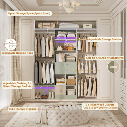 5FT Closet Organizer with Wood Drawers and Cubbies, Small Closet System with 5 Hanging Rods