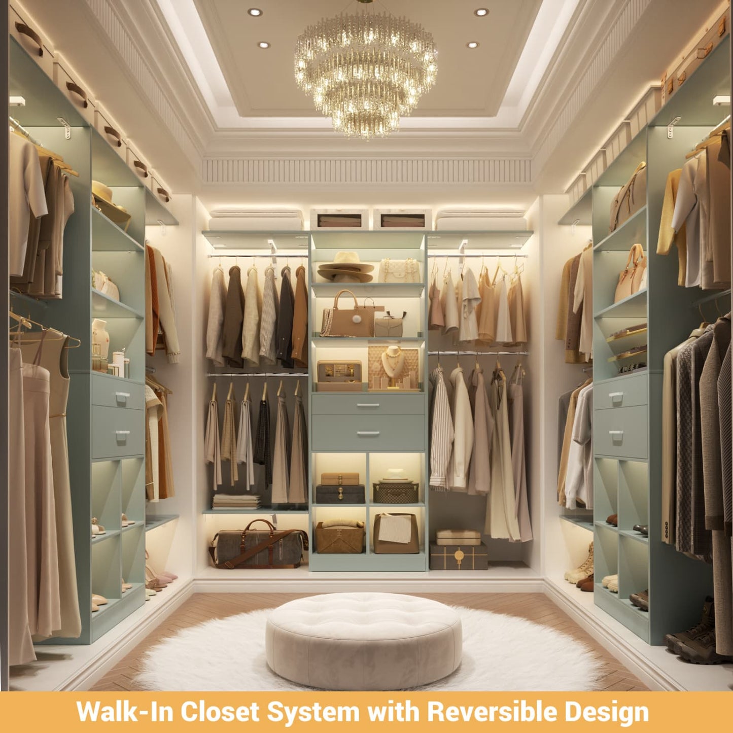 5FT Closet Organizer with Wood Drawers and Cubbies, Small Closet System with 5 Hanging Rods