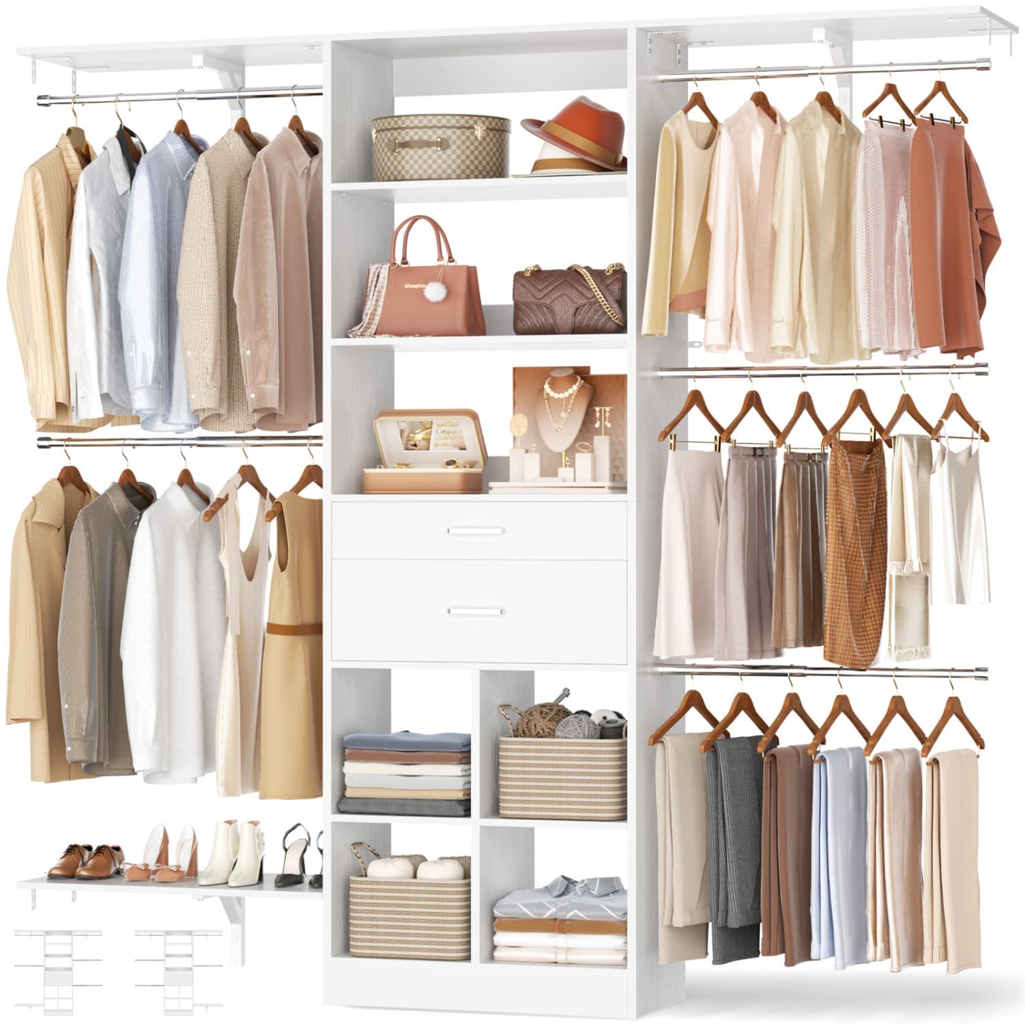 5FT Closet Organizer with Wood Drawers and Cubbies, Small Closet System with 5 Hanging Rods
