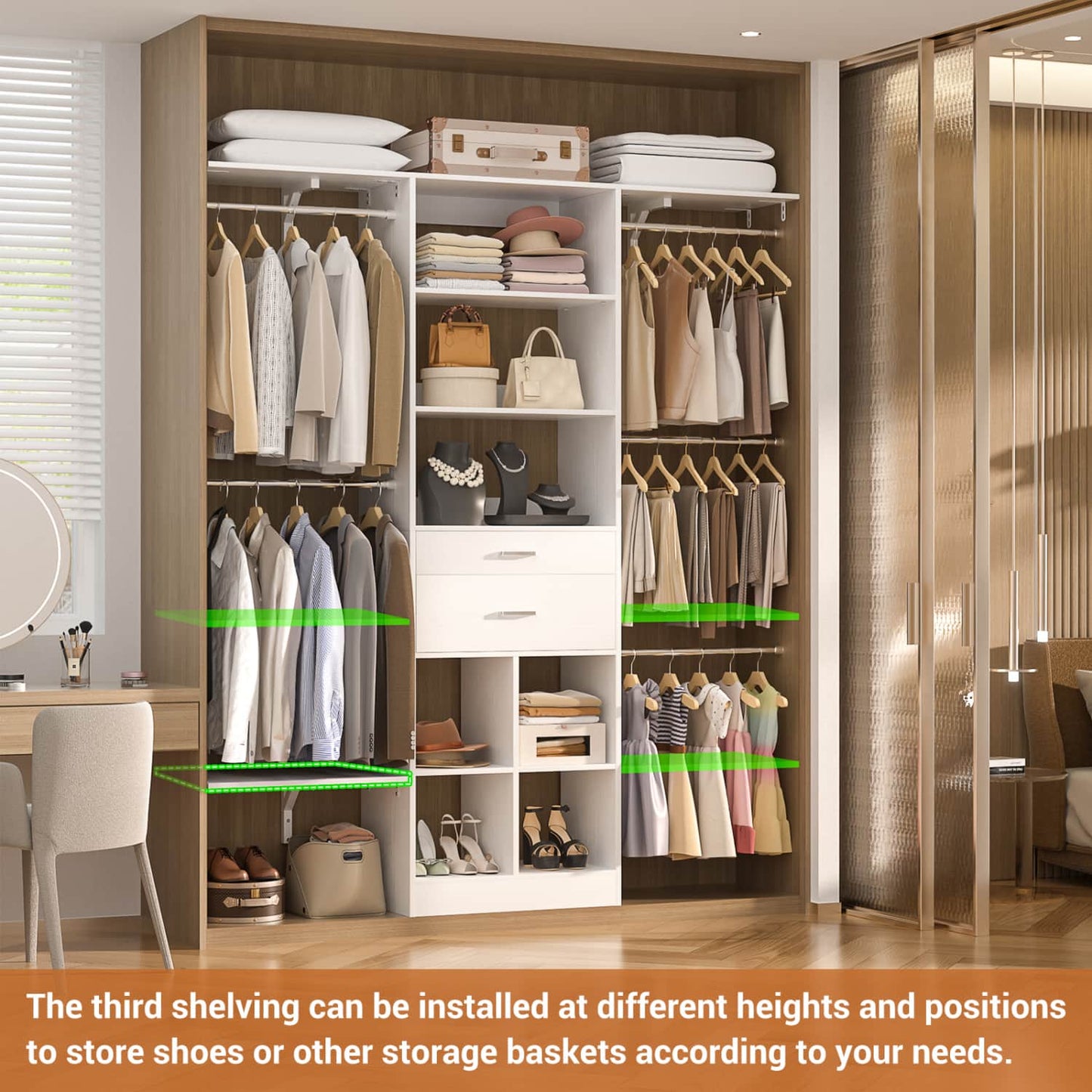 5FT Closet Organizer with Wood Drawers and Cubbies, Small Closet System with 5 Hanging Rods