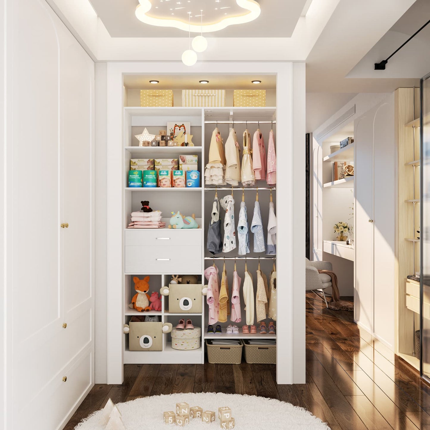 5FT Closet Organizer with Wood Drawers and Cubbies, Small Closet System with 5 Hanging Rods