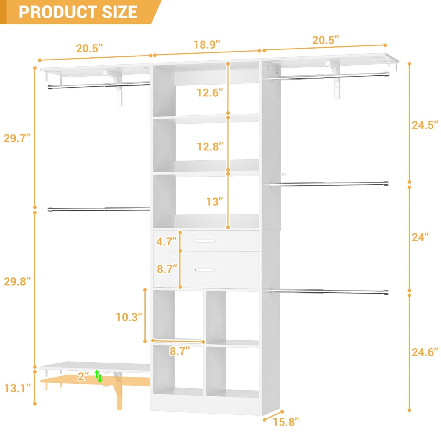 5FT Closet Organizer with Wood Drawers and Cubbies, Small Closet System with 5 Hanging Rods