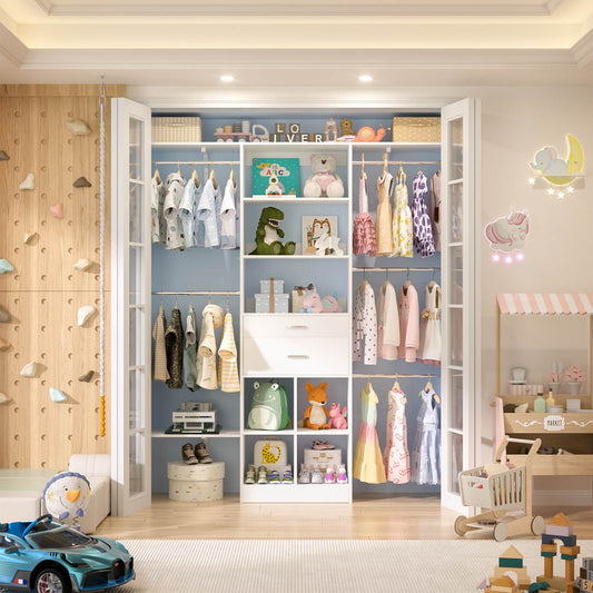 5FT Closet Organizer with Wood Drawers and Cubbies, Small Closet System with 5 Hanging Rods