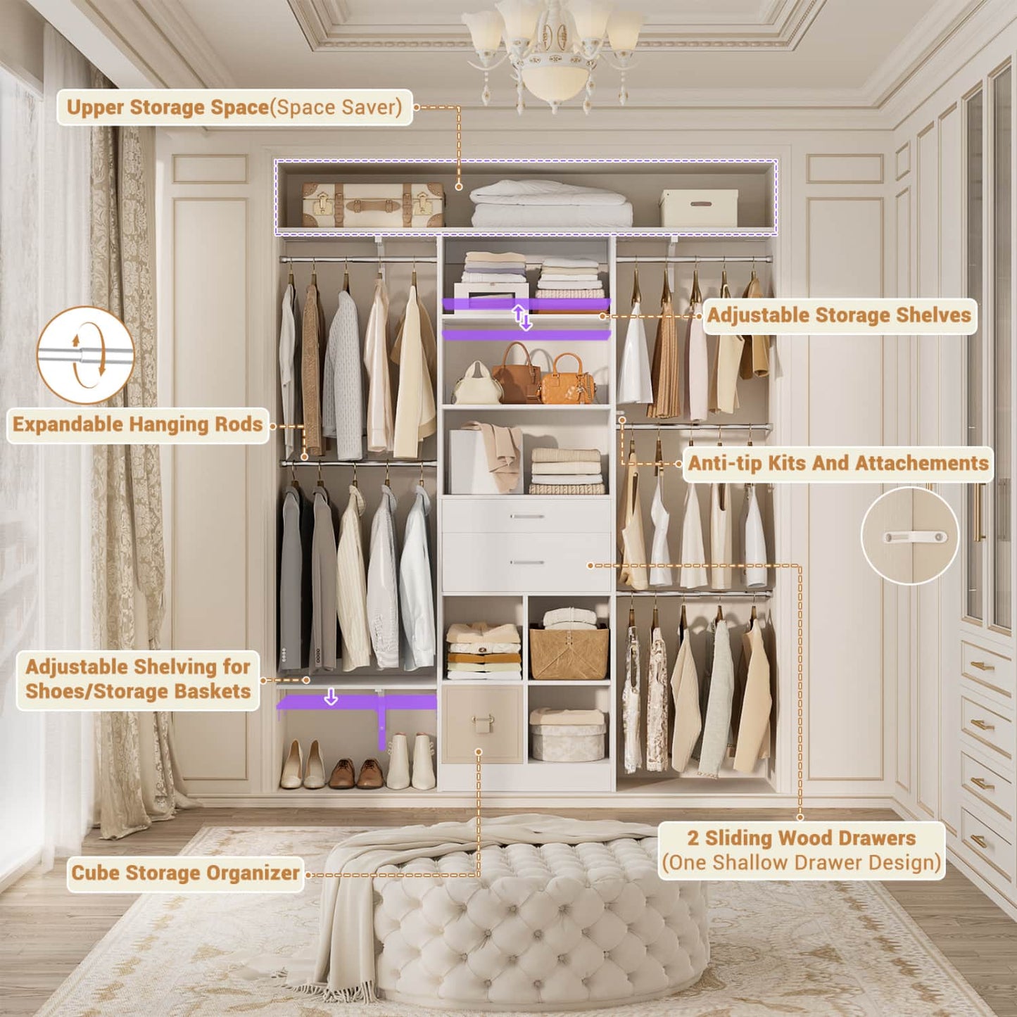 5FT Closet Organizer with Wood Drawers and Cubbies, Small Closet System with 5 Hanging Rods