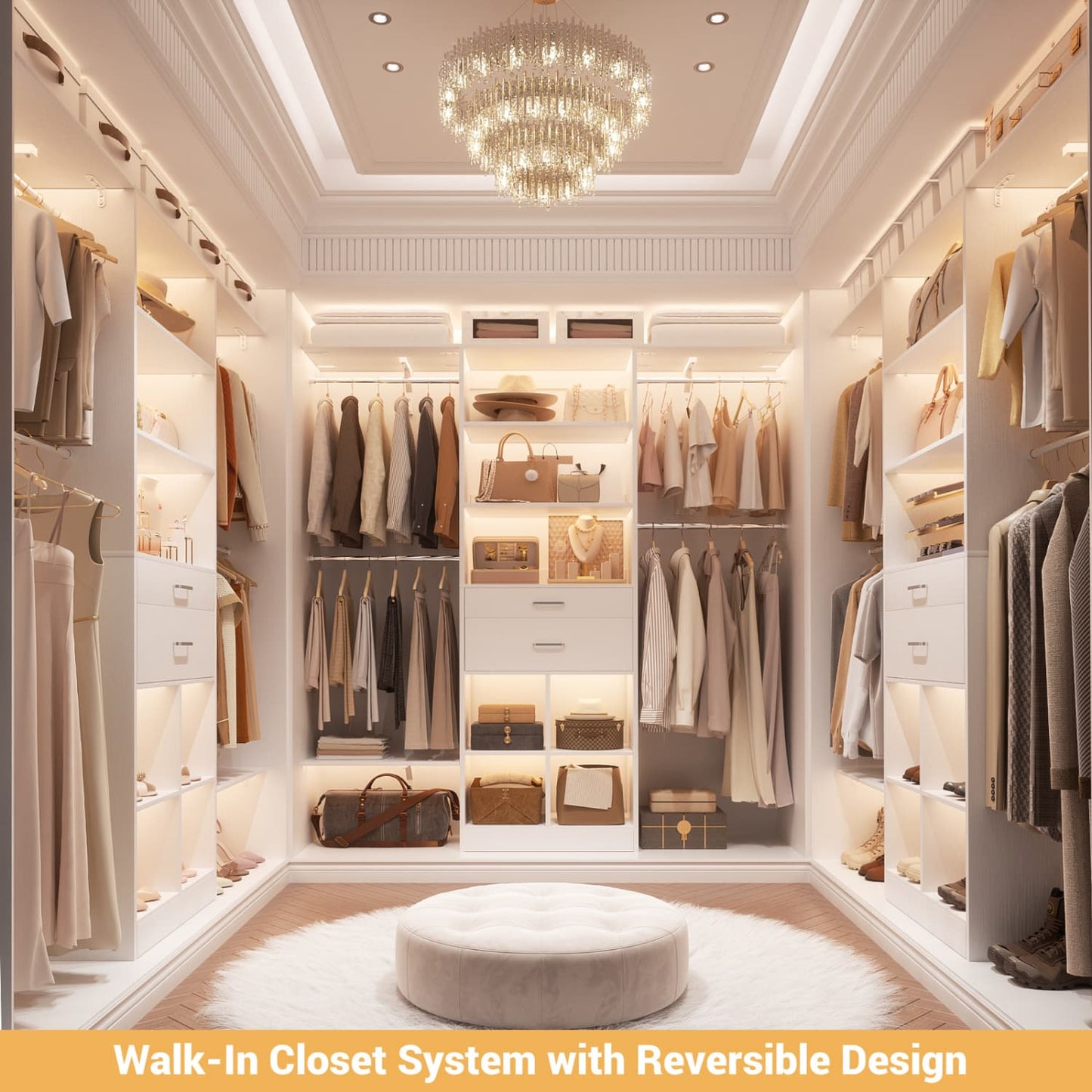 5FT Closet Organizer with Wood Drawers and Cubbies, Small Closet System with 5 Hanging Rods