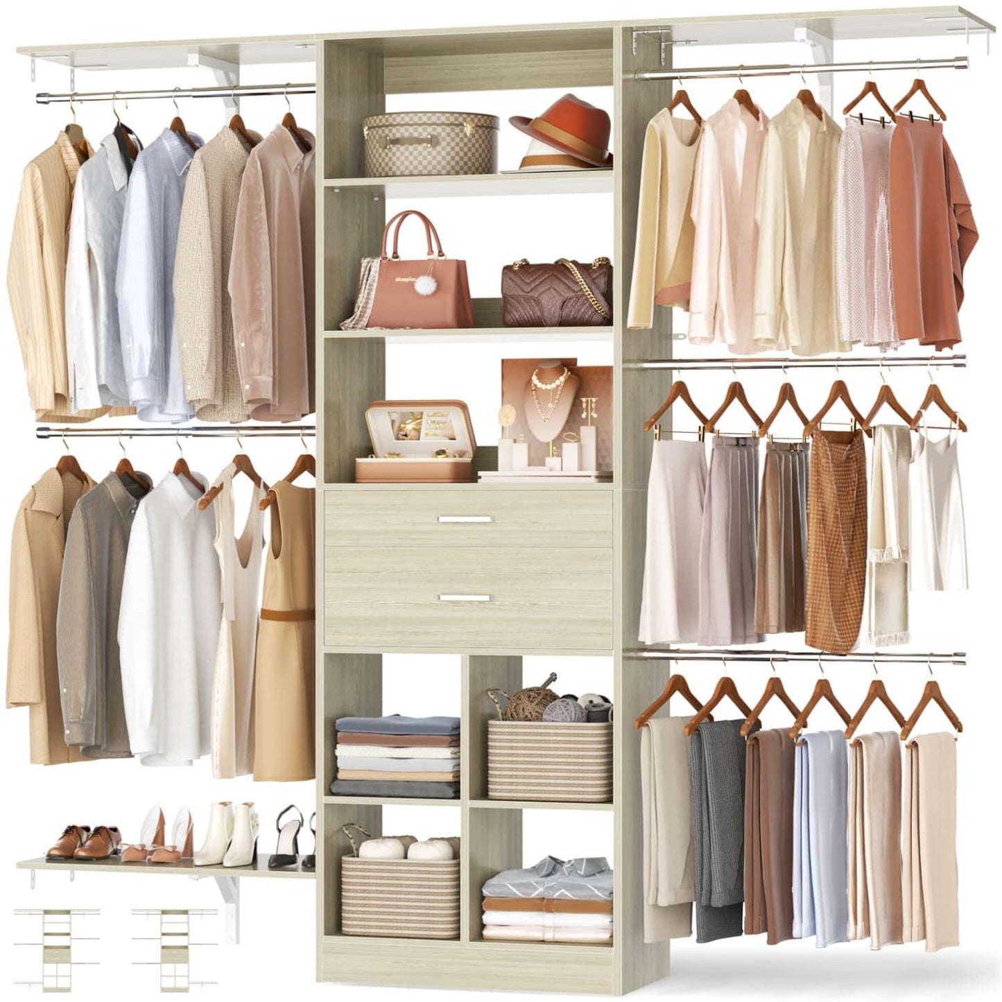 5FT Closet Organizer with Wood Drawers and Cubbies, Small Closet System with 5 Hanging Rods