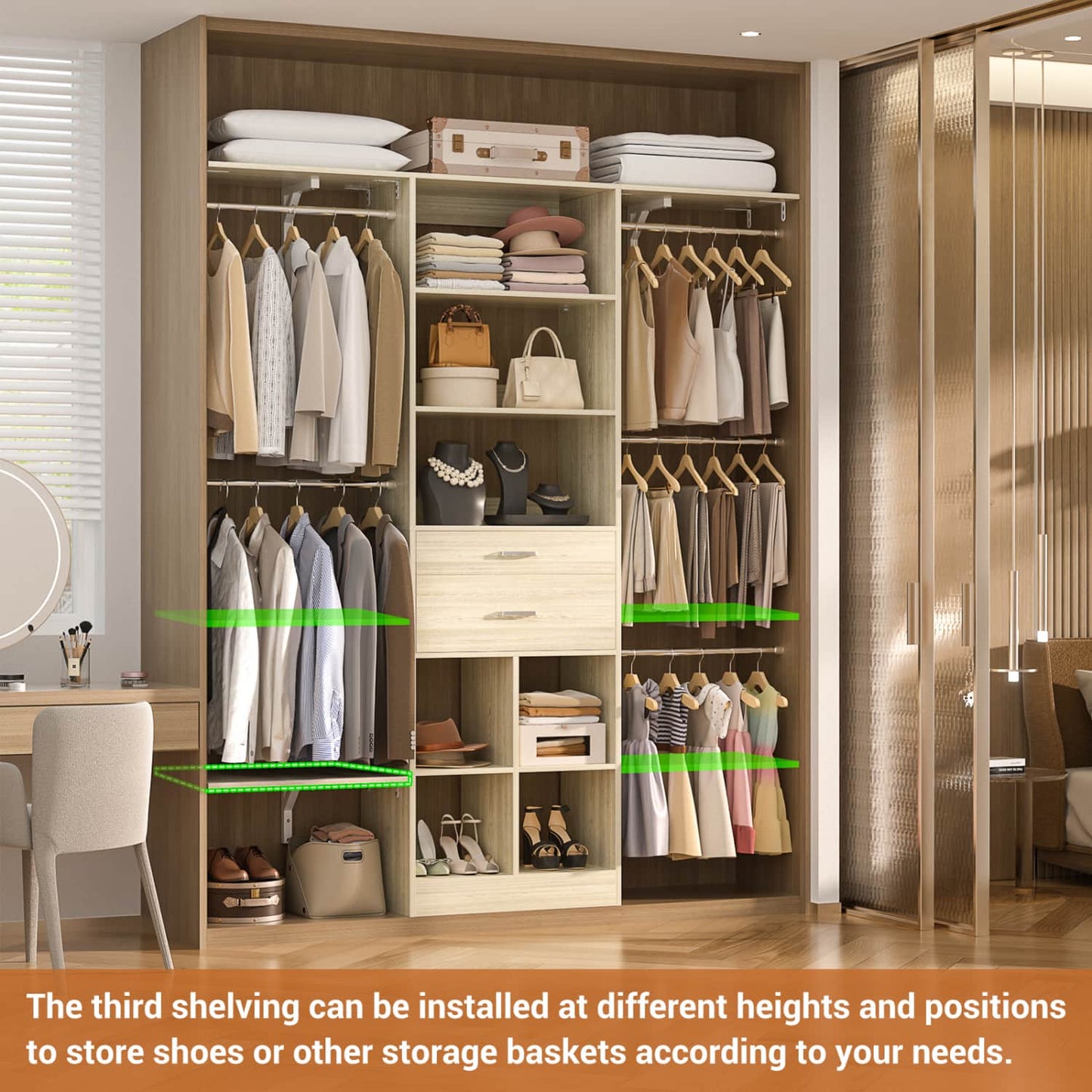 5FT Closet Organizer with Wood Drawers and Cubbies, Small Closet System with 5 Hanging Rods