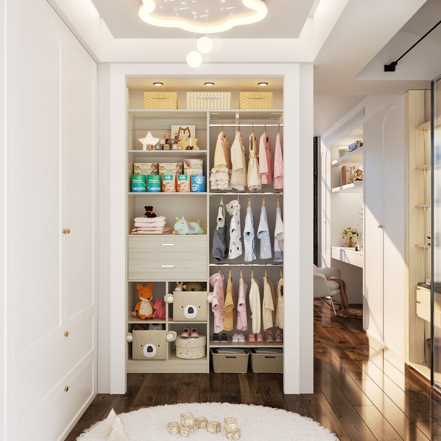 5FT Closet Organizer with Wood Drawers and Cubbies, Small Closet System with 5 Hanging Rods