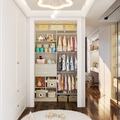 5FT Closet Organizer with Wood Drawers and Cubbies, Small Closet System with 5 Hanging Rods