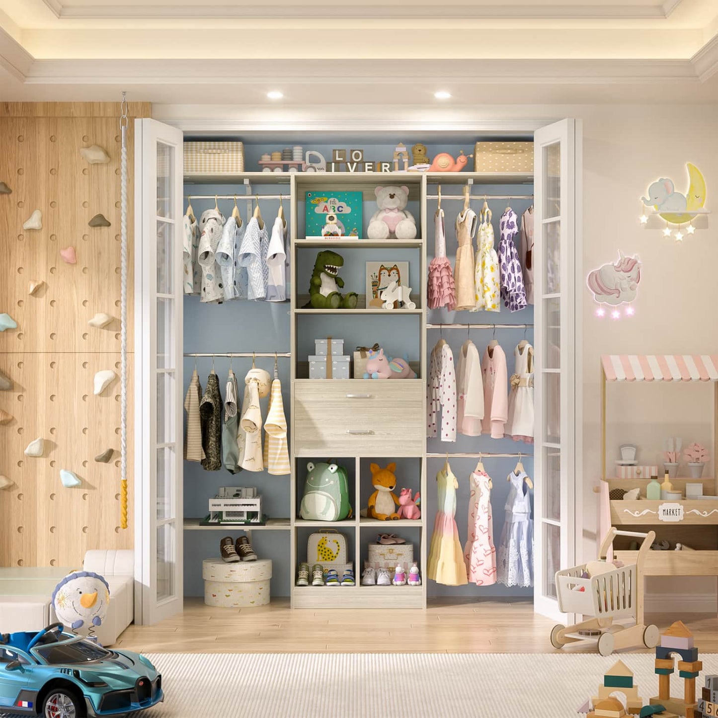 5FT Closet Organizer with Wood Drawers and Cubbies, Small Closet System with 5 Hanging Rods