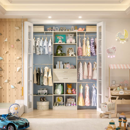 5FT Closet Organizer with Wood Drawers and Cubbies, Small Closet System with 5 Hanging Rods