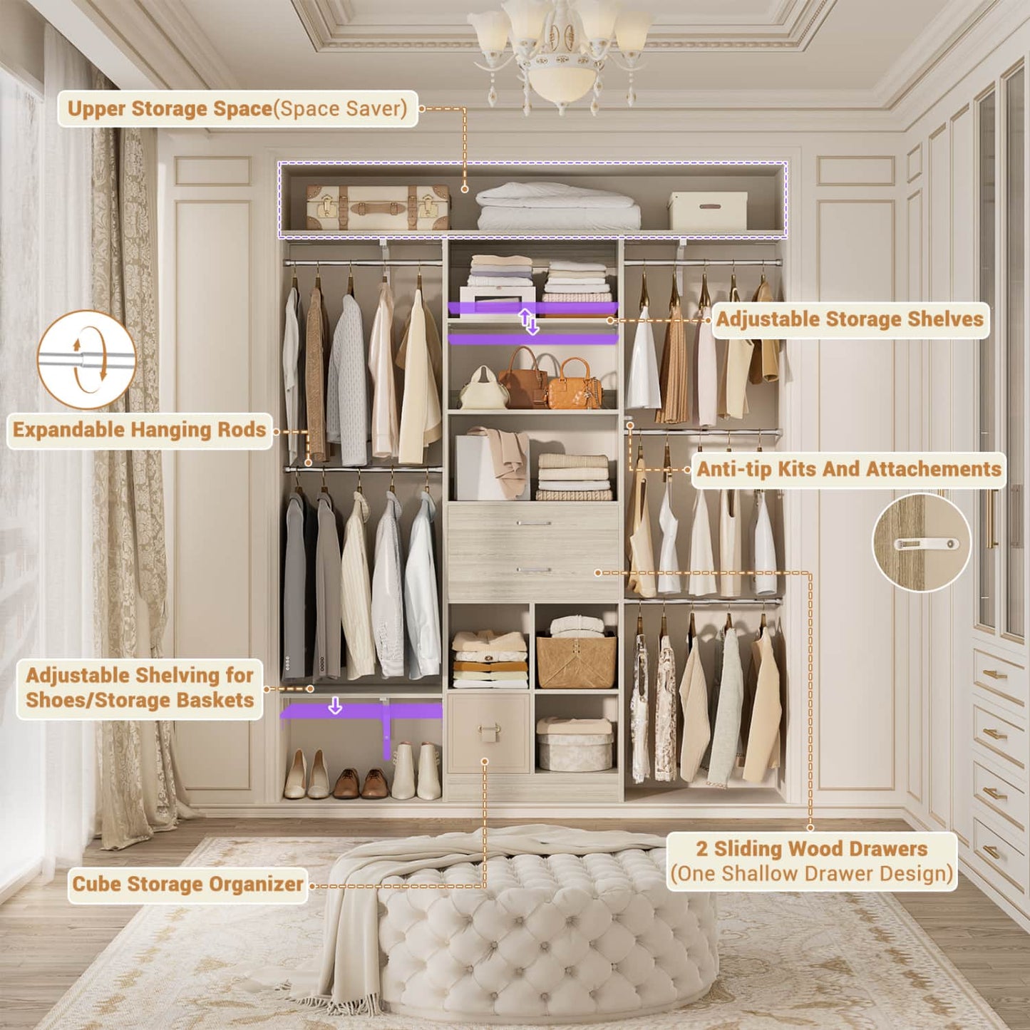 5FT Closet Organizer with Wood Drawers and Cubbies, Small Closet System with 5 Hanging Rods