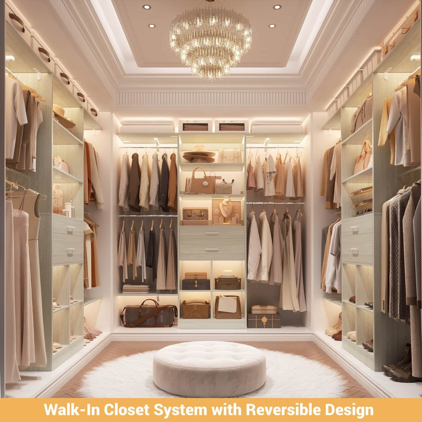 5FT Closet Organizer with Wood Drawers and Cubbies, Small Closet System with 5 Hanging Rods