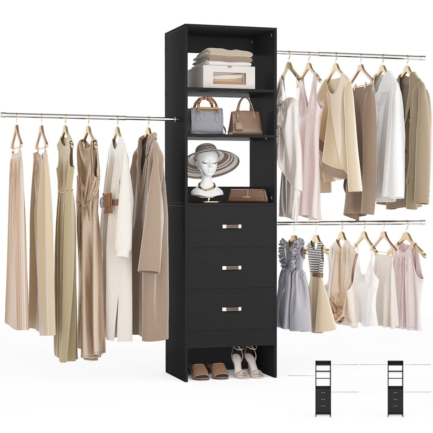96-In Closet Organizer with Wood Drawers and Adjustable Hanging Rods