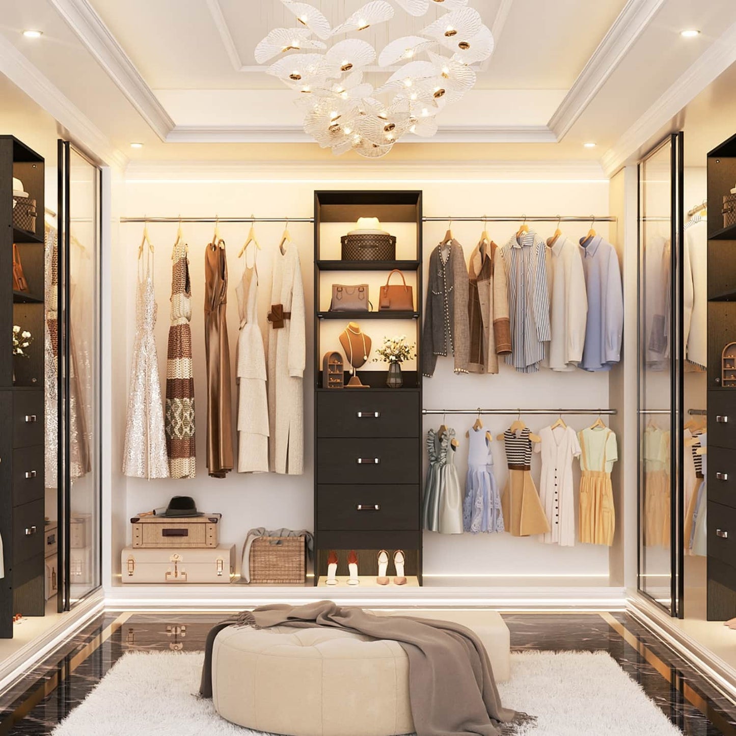 96-In Closet Organizer with Wood Drawers and Adjustable Hanging Rods