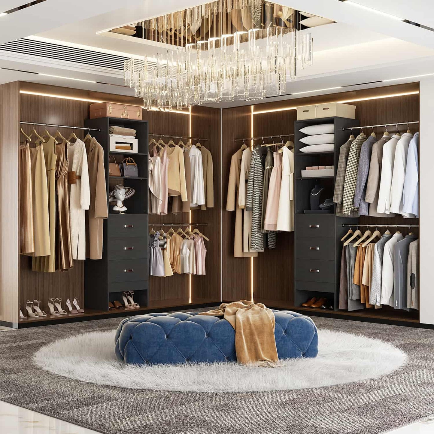 96-In Closet Organizer with Wood Drawers and Adjustable Hanging Rods