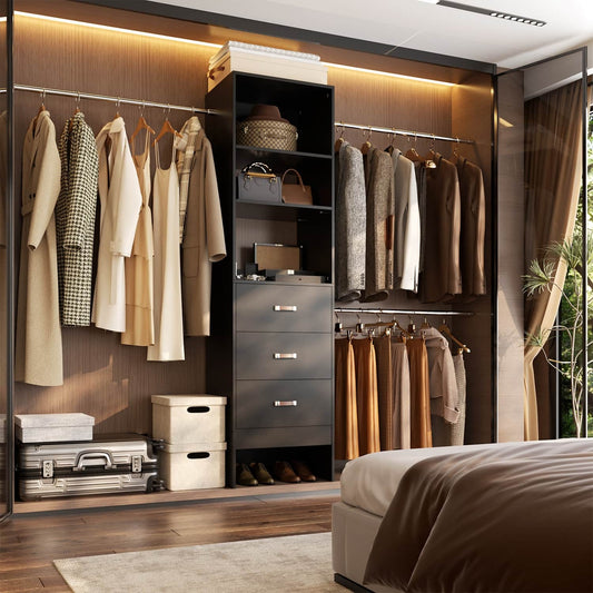 96-In Closet Organizer with Wood Drawers and Adjustable Hanging Rods