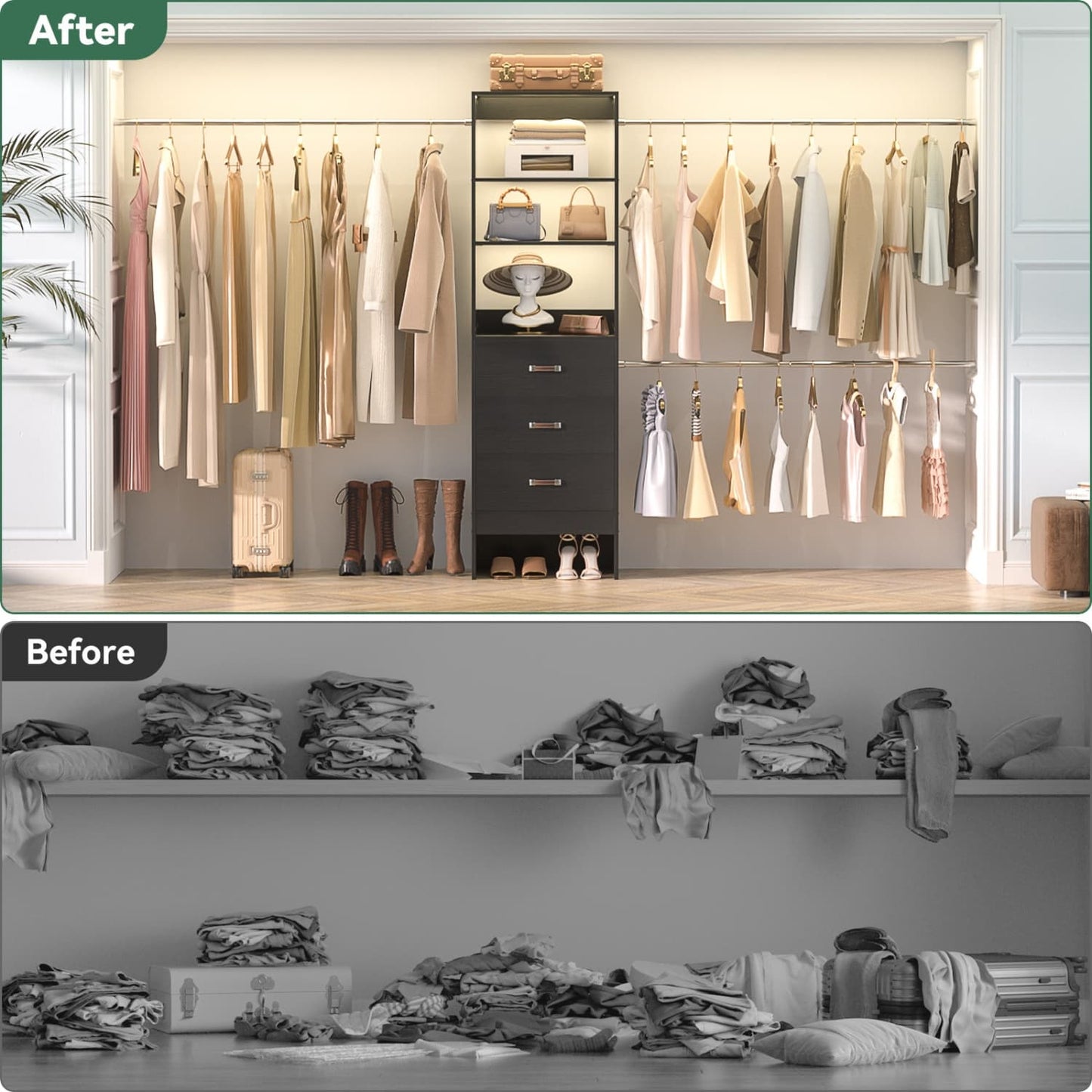 96-In Closet Organizer with Wood Drawers and Adjustable Hanging Rods