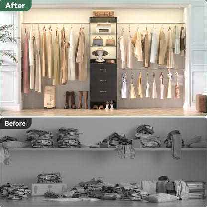 96-In Closet Organizer with Wood Drawers and Adjustable Hanging Rods
