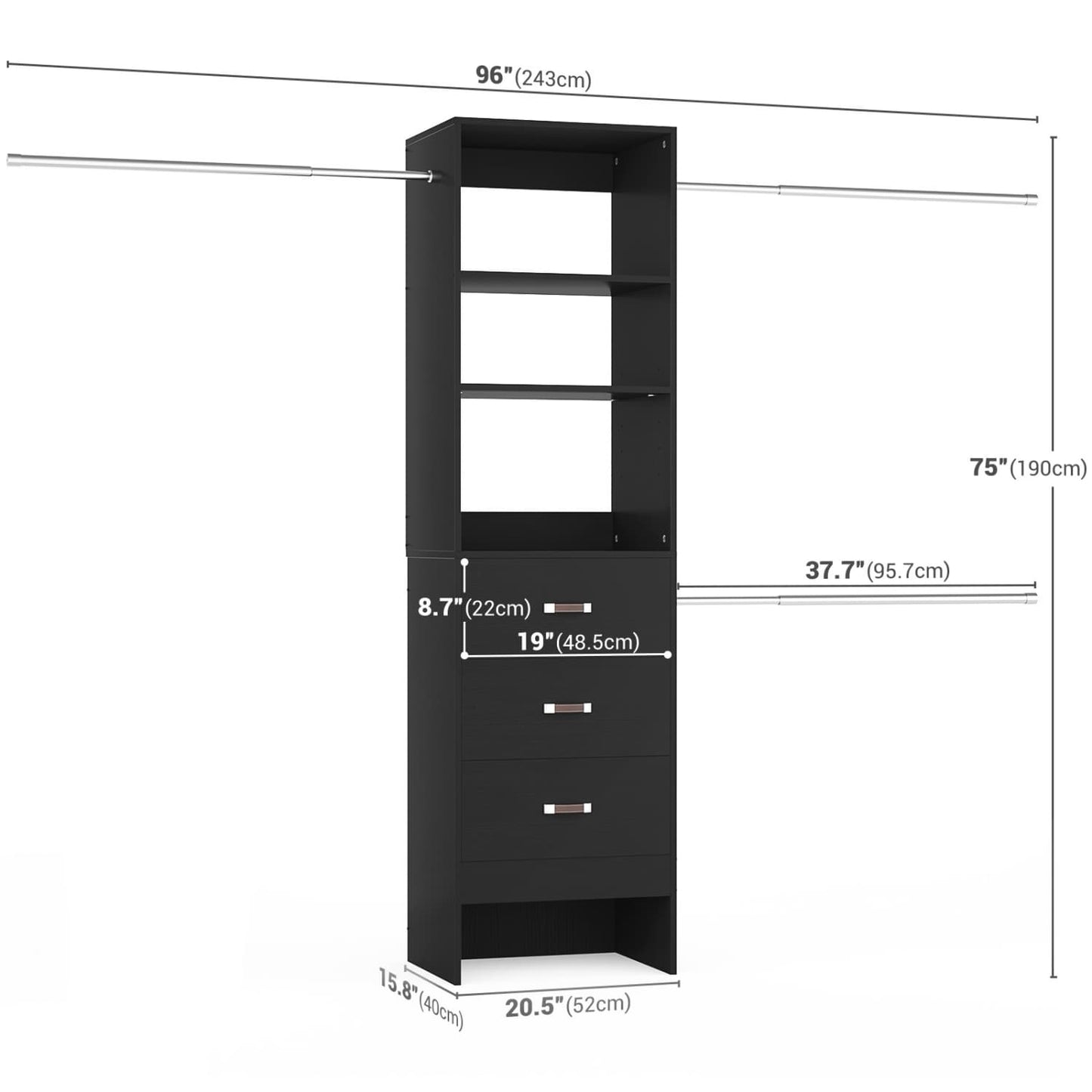 96-In Closet Organizer with Wood Drawers and Adjustable Hanging Rods