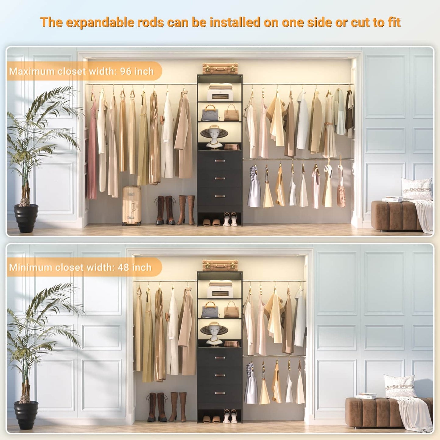 96-In Closet Organizer with Wood Drawers and Adjustable Hanging Rods