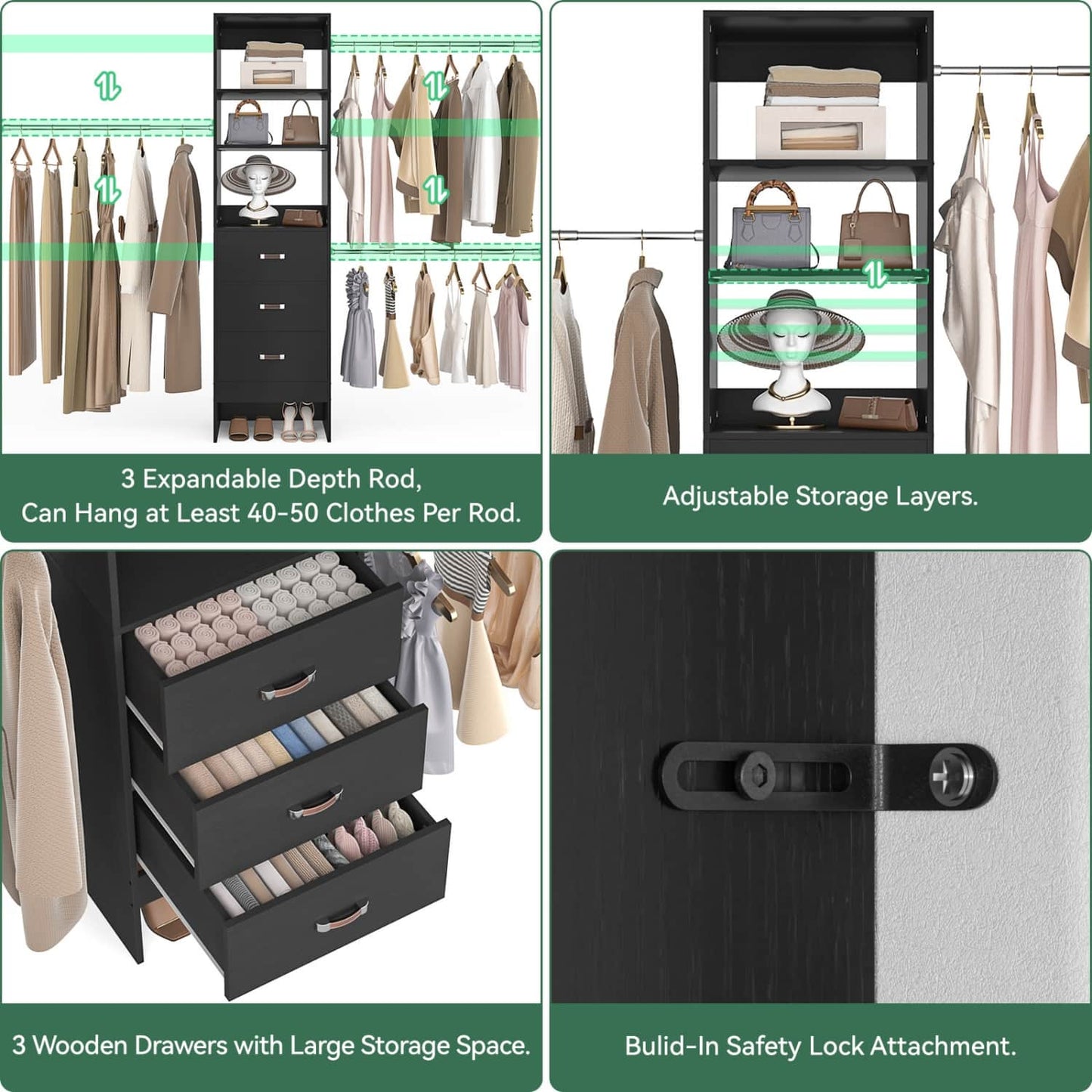96-In Closet Organizer with Wood Drawers and Adjustable Hanging Rods