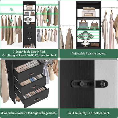 96-In Closet Organizer with Wood Drawers and Adjustable Hanging Rods