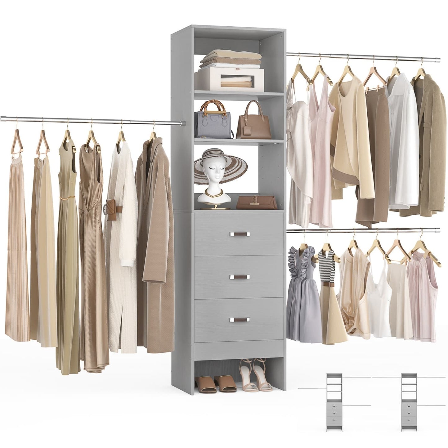96-In Closet Organizer with Wood Drawers and Adjustable Hanging Rods