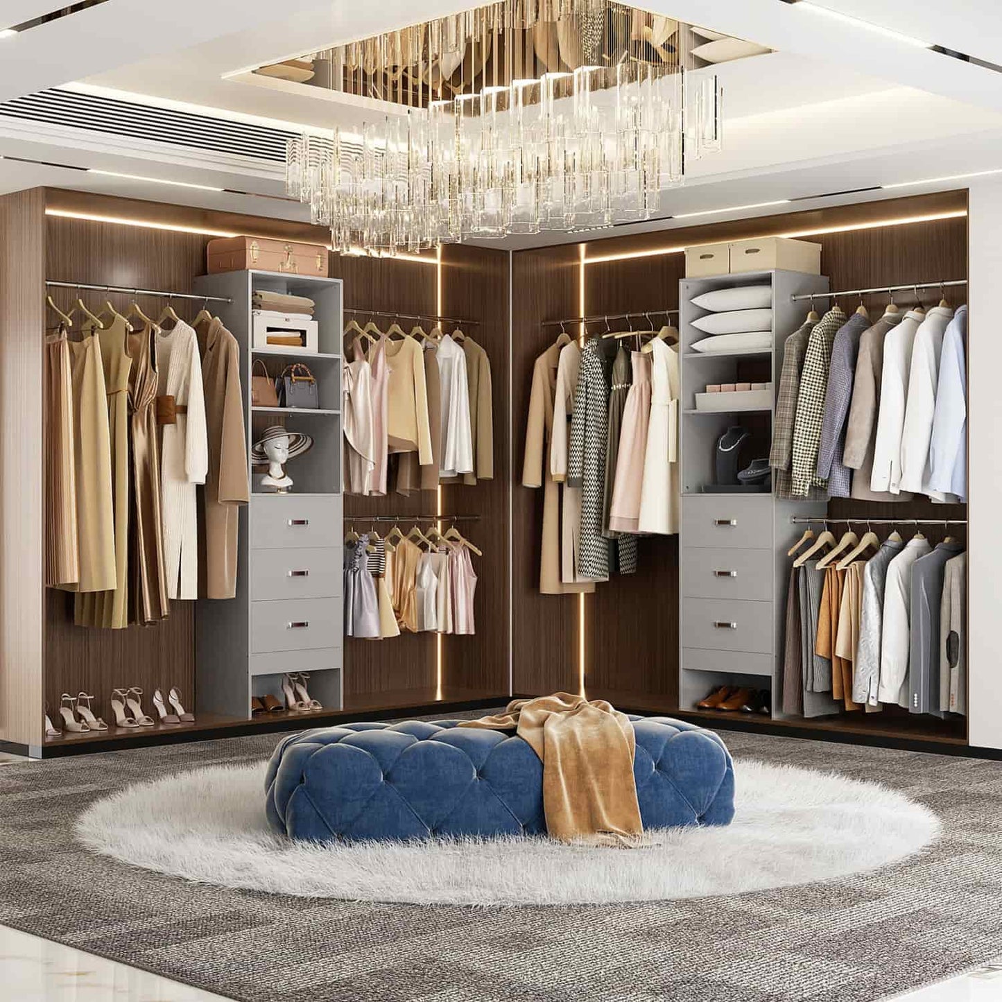96-In Closet Organizer with Wood Drawers and Adjustable Hanging Rods